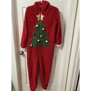 Unisex Adult Hooded Pajama Zip-Up Jumpsuit Sparkly Christmas Tree Red Pom Pom M